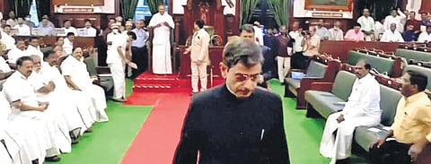 Governor RN Ravi walks out of Assembly on Monday after CM Stalin moves a resolution on his speech. (Photo| ANI)
