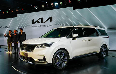 Kia's 'KA4' luxury MPV on display at the Auto Expo 2023, in Greater Noida, on January 11, 2023. (Photo | PTI)