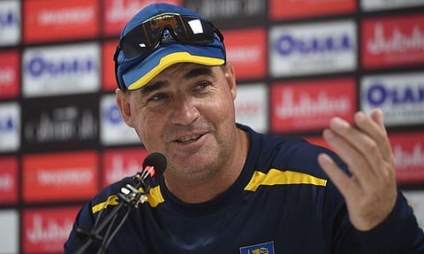 Mickey Arthur speaks to media representatives at the National Cricket Stadium in Karachi on December 17, 2019 ahead of the second cricket Test match between Pakistan and Sri Lanka. (Photo | AFP)
