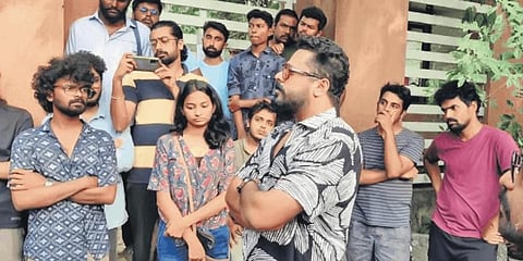 Director Aashiq Abu interacting with protesting students at K R Narayanan National Institute of Visual Science and Arts.