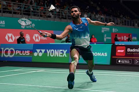 India's H. S. Prannoy plays a shot against compatriot Lakshya Sen during their men's singles match at the Malaysia Open badminton tournament at Bukit Jalil Axiata Arena. (Photo | PTI)