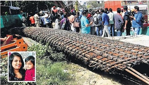The reinforcement cage of an under-construction Metro pillar fell on a two-wheeler killing Tejaswini Sulakhe and her son Vihaan L Sulakhe (inset) on Nagavara Ring Road on Tuesday | Shashidhar Byrappa