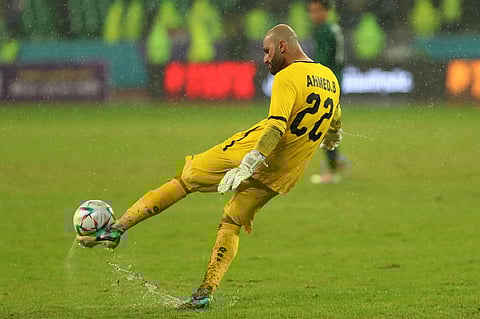 Iraq's goalkeeper Ahmad Basil Al Fadhli kicks the ball during the Arabian Gulf Cup football match between Iraq and Saudi Arabia at the Basra International Stadium. (Photo | AFP)