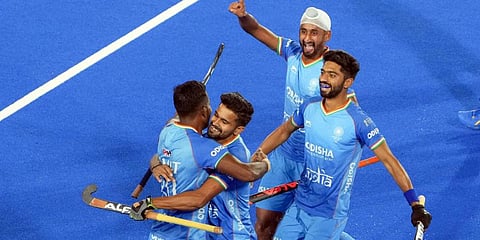 Amit Rohidas of India with teammates celebrates after scoring a goal against Spain during a match of the FIH Odisha Hockey Men's World Cup 2023. (Photo | PTI)