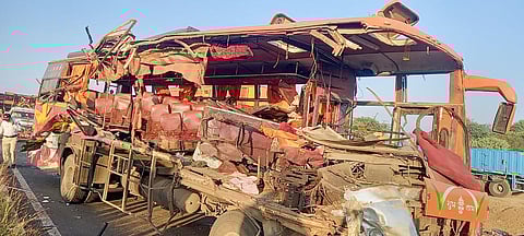 Wreckage of a bus after its collision with a truck, near Pathare Shivar in Nashik district, Friday, Jan. 13, 2023 (Photo | PTI)