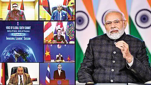 Prime Minister Narendra Modi addresses the opening session of the Voice of Global South Summit via video-conferencing in New Delhi on Thursday | PTI