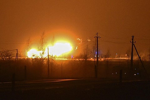 A flame rises after an explosion at a gas pipeline near Pasvalys, 175 km (109 miles) north of Vilnius in northern Lithuania on Friday, Jan. 13, 2023.  (Photo | AP)