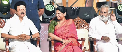 Chief Minister MK Stalin with MP Kanimozhi during the inauguration of Chennai Sangamam at Island Grounds on Friday evening | P Jawahar