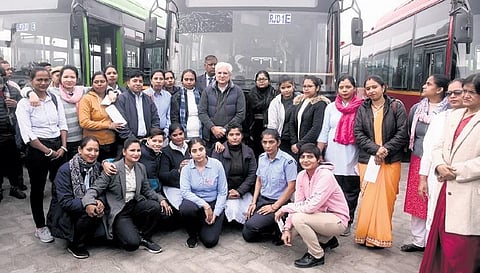 Kailash Gahlot poses with newly appointed woman drivers at Rajghat| Parveen Negi
