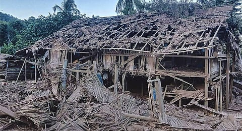 Homes are destroyed by suspected military air strikes in the district of Mutraw, also known as Papun, in eastern Myanmar's Karen State. (Photo |AP)