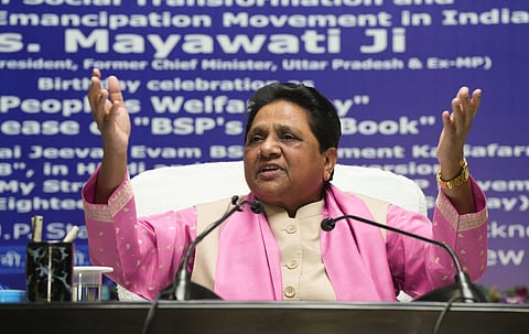 Bahujan Samaj Party (BSP) supremo Mayawati addresses a press conference on her birthday, in Lucknow, Sunday, Jan. 15, 2023. (Photo | PTI)