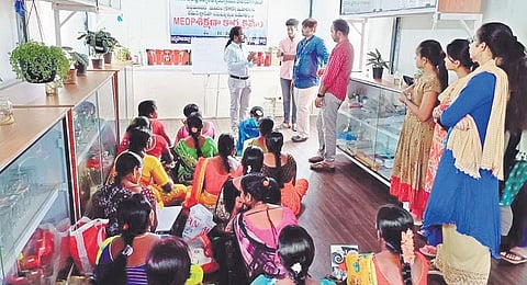 Women from self-help groups in Wanaparthy district receive training on manufacturing various products at Post-Harvest Technology Lab at the College of Horticulture, Sri Konda Laxman Telangana State