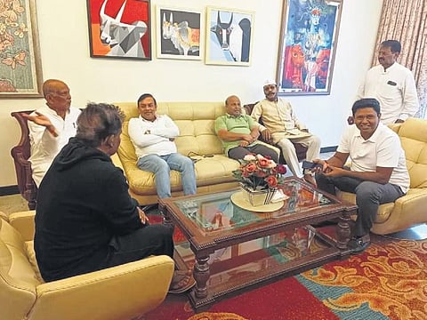 BJD leaders with Dilip Ray at the latter’s residence in Rourkela | Express