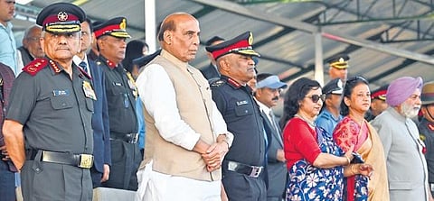 Defence Minister Rajnath Singh at the ASC Centre during the 75th  Army Day in Bengaluru on Sunday | Nagaraja Gadekal