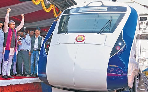 PM Narendra Modi (inset) speaks during the flagging off ceremony of Vande Bharat Express train connecting Secunderabad and Visakhapatnam. (Main pic) Railway Minister Ashwini Vaishnaw rejoices as the t