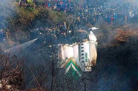 Rescue operation is underway after a passenger plane of Yeti Airlines' crashed while landing at the Pokhara airport in Nepal. (Photo | PTI)