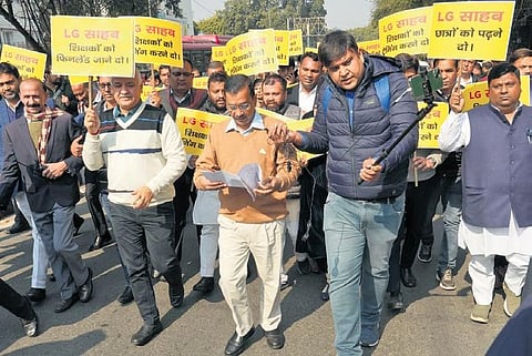 CM Arvind Kejriwal with Dy CM Manish Sisodia during a protest march | express