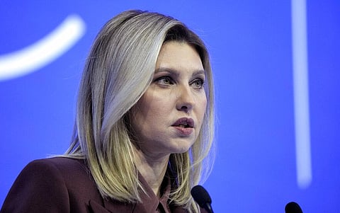 First Lady of Ukraine Olena Zelenska delivers a speech at the World Economic Forum in Davos, Switzerland Tuesday, Jan. 17, 2023. (Photo | AP)