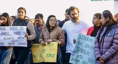 Congress leader Rahul Gandhi with supporters during the party's 'Bharat Jodo Yatra', in Jalandhar district. (Photo | PTI)