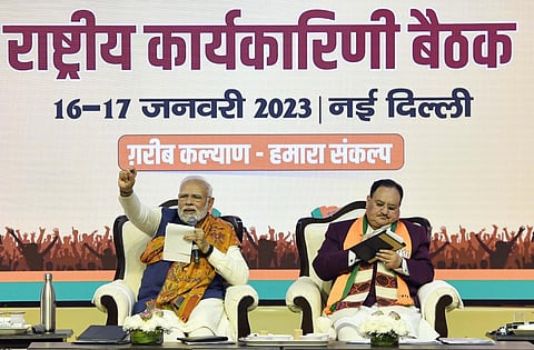 Prime Minister Narendra Modi addressing at the second day of the BJP National Executive Meeting, at NDMC Convention Center, in New Delhi, Jan. 17, 2023. (Photo | ANI)