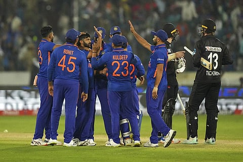 Indian players celebrate the dismissal of New Zealand's Michael Bracewell during the first ODI cricket match in Hyderabad, India, Wednesday, Jan. 18, 2023. (Photo | AP)
