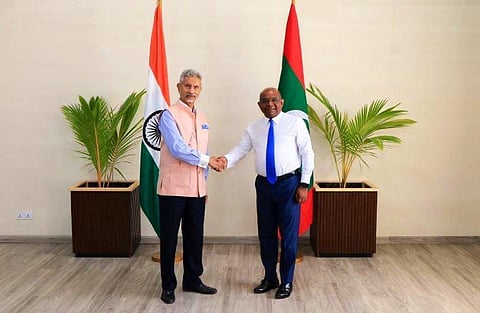 India's External Affairs Minister S Jaishankar (L) meets with the Maldivian Foreign Minister Abdulla Shahid in Manadhoo, Jan 18, 2023. (Photo | Twitter @DrSJaishankar)