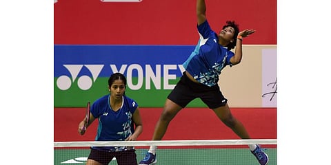 Indian women's duo of Treesa Jolly and Gayatri Gopichand in the India Open Super 750 tournament in New Delhi. (Photo | Express)