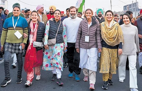 Congress leader Rahul Gandhi with party MP Jothimani and others during the party’s Bharat Jodo Yatra, in Hoshiarpur district on Tuesday | PTI