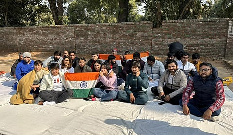 Top wrestlers stage protest at Jantar Mantar in Delhi. (Photo | Twitter@BajrangPunia)
