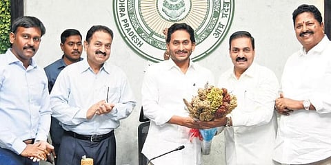 CM YS Jagan Mohan Reddy being greeted by ministers and officials at a review meeting on agriculture at Tadepalli on Wednesday.(Express)