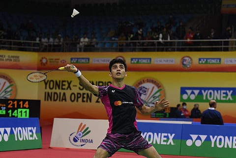 Indian shuttler Lakshya Sen in action in the Indian Open Super 750 international badminton tournament in New Delhi. (Photo |  Parveen Negi, EPS)