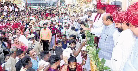 Chief Minister Basavaraj Bomami interacts with people during an event in Shivamogga on Wednesday | Expres