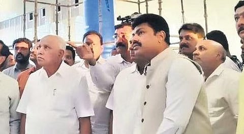 Former CM BS Yediyurappa and MP BY Raghavendra inspect Shivamogga Airport works on Wednesday