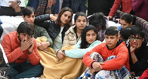 Wrestlers Bajrang Punia, Anshu Malik, Vinesh Phogat and Sakshi Malik sit on dharna to protest against the Wrestling Federation of India (WFI), at Jantar Mantar in New Delhi. (Photo | Shekhar Yadav)