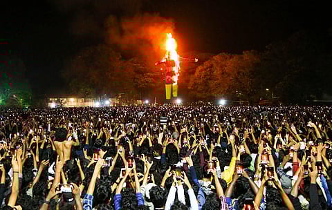 Pappanji's effigy is burnt at Fort Kochi beach to mark the arrival of the New Year. (Photo | T P Sooraj, EPS)