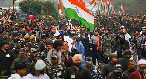 Congress leader Rahul Gandhi with Congress MP K.C. Venugopal and Shiv Sena (Uddhav Thackeray faction) MP Sanjay Raut during the party's 'Bharat Jodo Yatra', in Kathua district. (Photo | PTI)