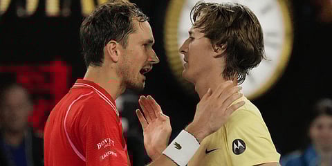Sebastian Korda, right, of the U.S. is congratulated by Daniil Medvedev of Russia following their third round match at the Australian Open .(Photo | AP)
