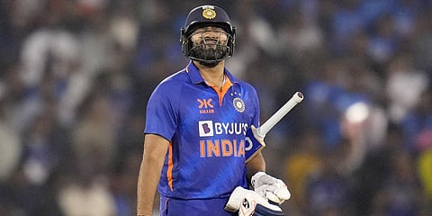 India's captain Rohit Sharma reacts as he walks off the field after losing his wicket during the second ODI against New Zealand.(Photo | AP)