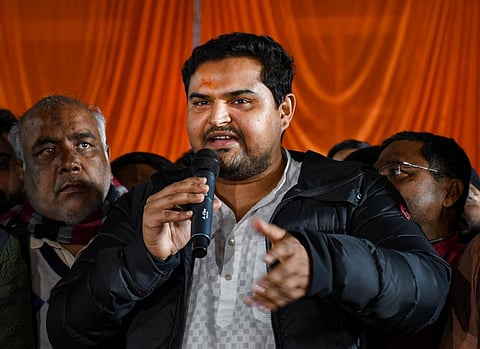 BJP MLA Pratik Bhushan Singh, son of WFI President and BJP MP Brij Bhushan Sharan Singh, addresses the media, in Gonda district, Jan. 20, 2023. (Photo | PTI)