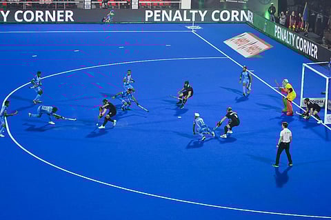 Indian players take a penalty corner against Wales. (Photo | Debadatta Mallick, EPS)