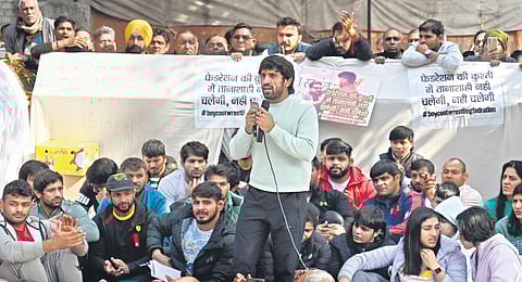 Top wrestlers participate in their protest at Jantar Mantar in New Delhi against the WFI chief on Friday. (Photo  | Shekhar yadav, EPS)