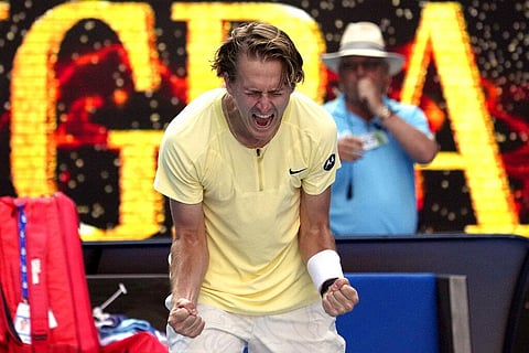 Sebastian Korda of the U.S. celebrates after defeating Hubert Hurkacz of Poland during their fourth round match at the Australian Open tennis championship in Melbourne, Australia. (Photo | AP)