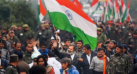 Congress leader Rahul Gandhi with Congress MP K.C. Venugopal and Shiv Sena (Uddhav Thackeray faction) MP Sanjay Raut during the party's 'Bharat Jodo Yatra', in Kathua district. (Photo | PTI)