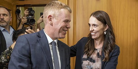 New Zealand Prime Minister Jacinda Ardern, right, and new Labour Party leader and incoming PM Chris Hipkins.(Photo | AP)
