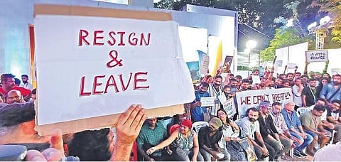Students of KR Narayanan National Institute of Visual Science and Arts protest against the director of the institute in Thiruvananthapuram. (Photo | B P Deepu, EPS)