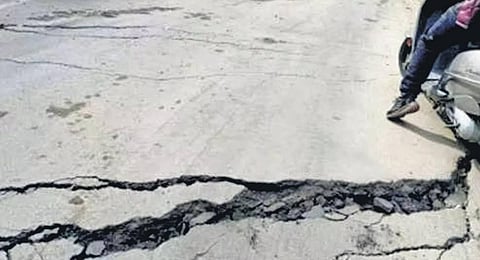 The only road linking Badrinath Dham developed cracks as wide as 2 mts. (Photo | Express)