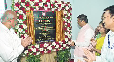 Union Minister of Education Dharmendra Pradhan inaugurating a new lecture hall complex at National Institute of Technology (NIT)  in Tiruchy on Sunday | Express