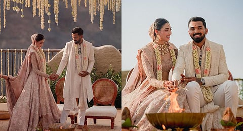 The newly weds posed for the photographers waiting outside the wedding venue post the ceremony. (Photo | athiyashetty Instagram)