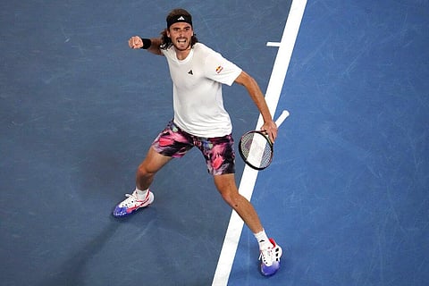 Greece' Stefanos Tsitsipas reacts after winning a point against Czech Republic' Jiri Lehecka during their quarterfinal match at the Australian Open in Melbourne, Jan. 24, 2023. (Photo | AP)