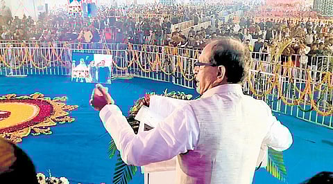 MP CM Shivraj Singh Chouhan addresses at an event in Orchha, Niwari district . (Photo | PTI)